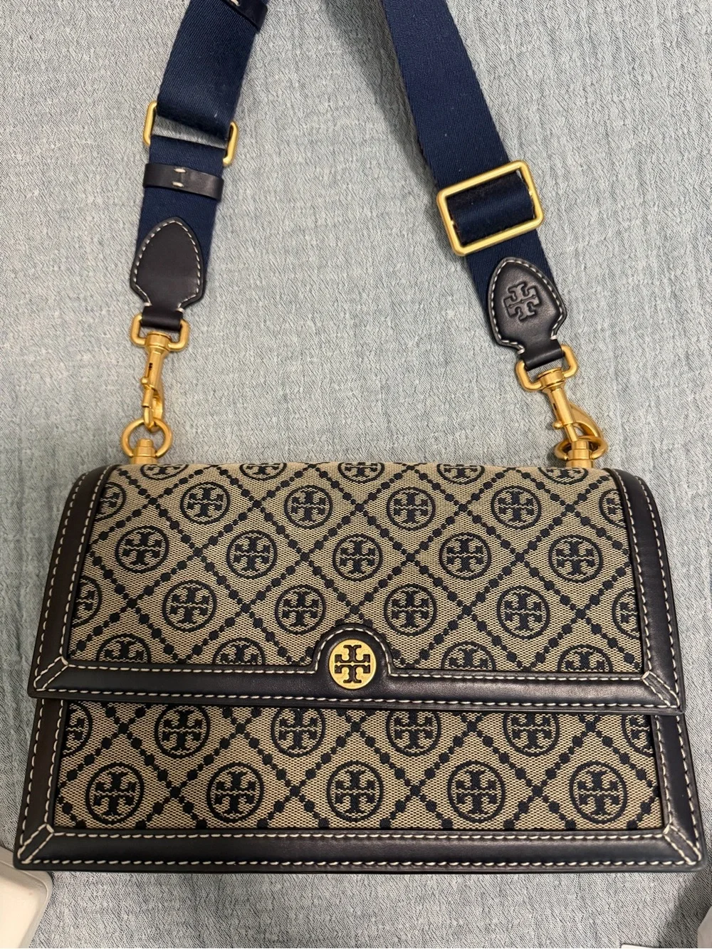 Tory Burch Navy and Beige Logo Jacquard Shoulder Bag with Gold Hardware